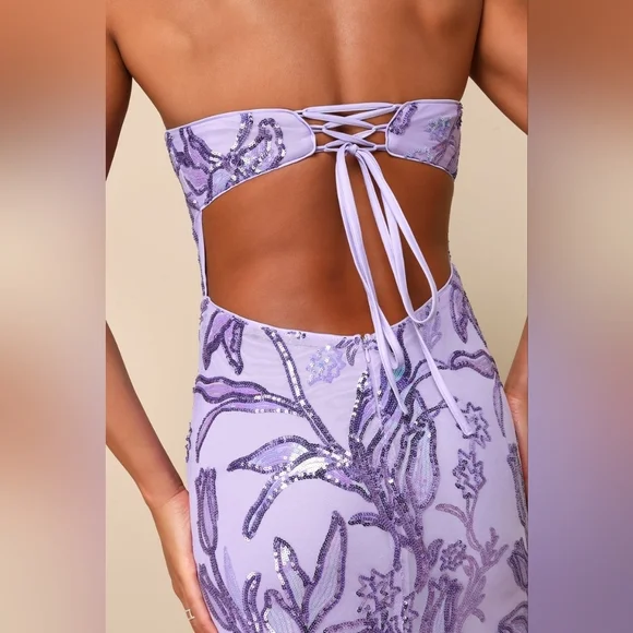 Lulus Shimmering Icon Lavender Sequin Lace-Up Strapless Maxi Dress M Party Prom - Picture 4 of 12